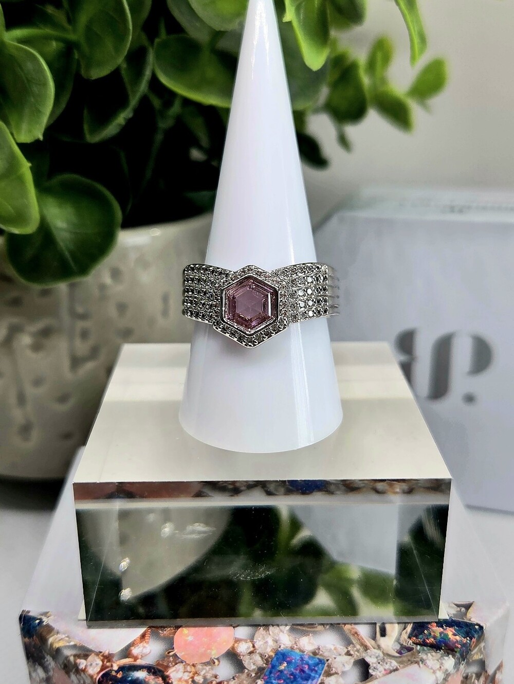 BP Sparkling Hexagon Pink Gem Pavé Ring in Silver Tone